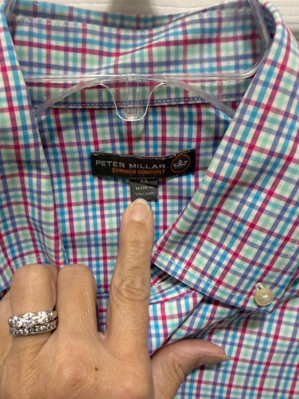 Peter Millar Men’s Medium Plaid Button-Down Shirt in Aqua, Pink & White